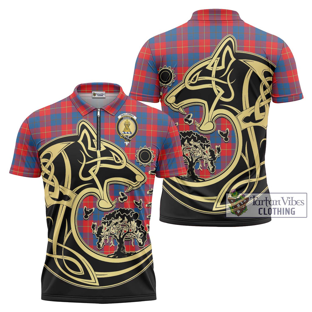 Galloway Red Tartan Zipper Polo Shirt with Family Crest Celtic Wolf Style Unisex - Tartanvibesclothing Shop