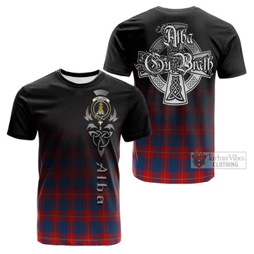 Galloway Red Tartan Cotton T-shirt Featuring Alba Gu Brath Family Crest Celtic Inspired