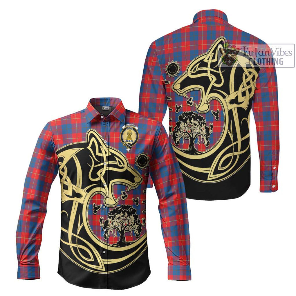 Galloway Red Tartan Long Sleeve Button Shirt with Family Crest Celtic Wolf Style Men's Shirt S - Tartan Vibes Clothing