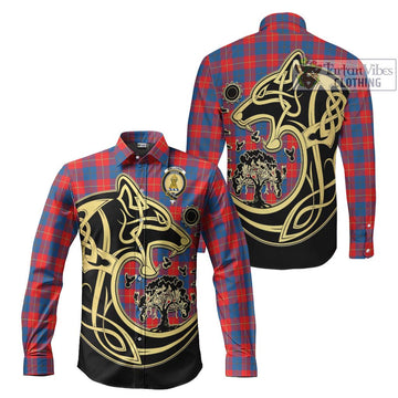 Galloway Red Tartan Long Sleeve Button Shirt with Family Crest Celtic Wolf Style