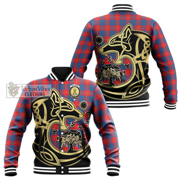 Galloway Red Tartan Baseball Jacket with Family Crest Celtic Wolf Style