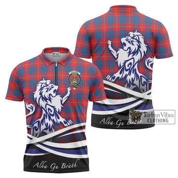 Galloway Red Tartan Zipper Polo Shirt with Alba Gu Brath Regal Lion Emblem