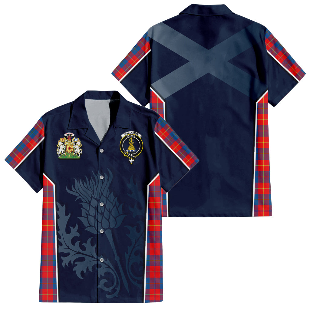 Tartan Vibes Clothing Galloway Red Tartan Short Sleeve Button Up Shirt with Family Crest and Scottish Thistle Vibes Sport Style