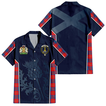 Galloway Red Tartan Short Sleeve Button Up Shirt with Family Crest and Scottish Thistle Vibes Sport Style