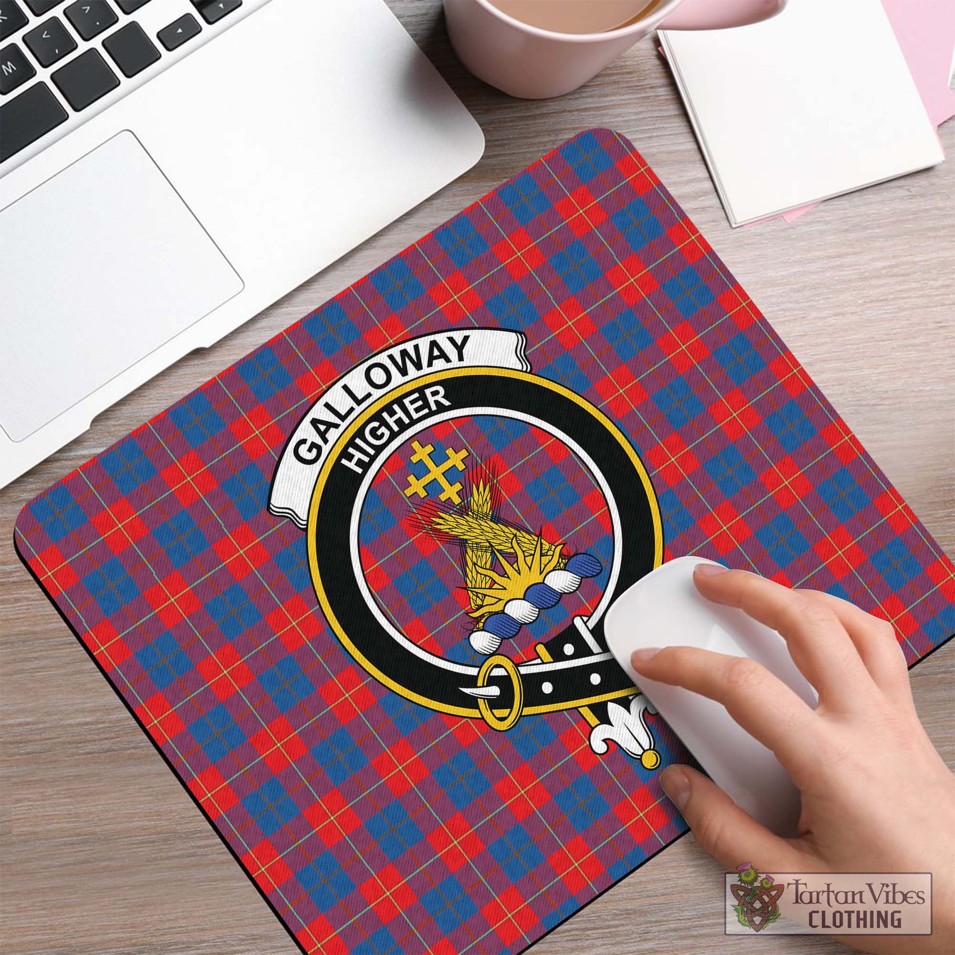 Tartan Vibes Clothing Galloway Red Tartan Mouse Pad with Family Crest