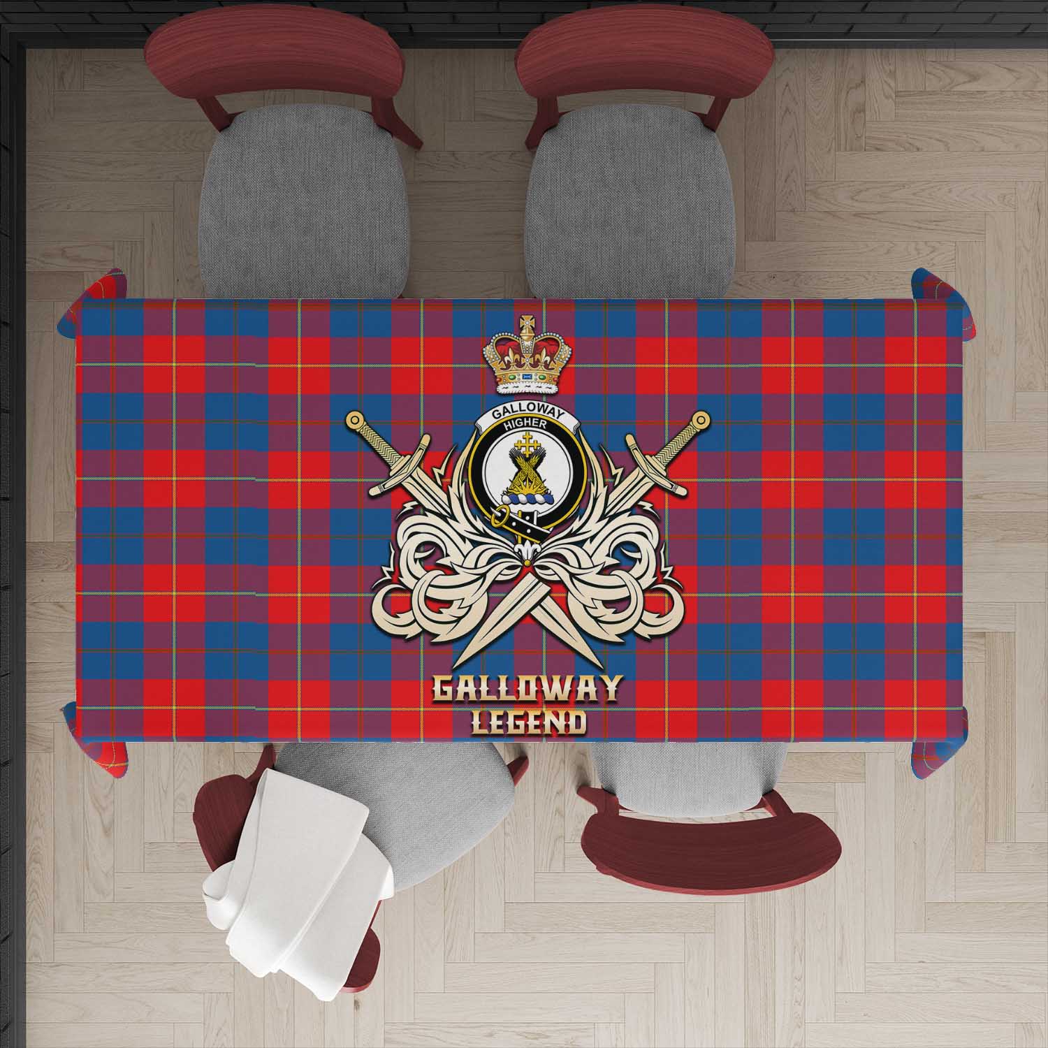 Tartan Vibes Clothing Galloway Red Tartan Tablecloth with Clan Crest and the Golden Sword of Courageous Legacy