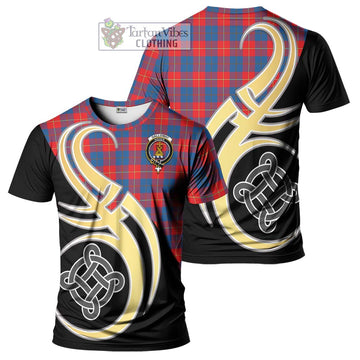 Galloway Red Tartan T-Shirt with Family Crest and Celtic Symbol Style