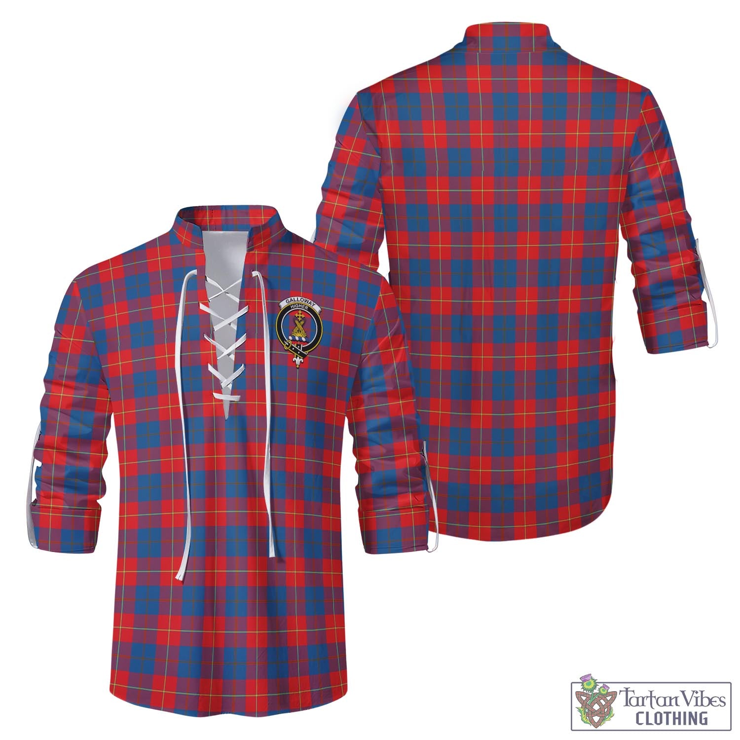 Tartan Vibes Clothing Galloway Red Tartan Men's Scottish Traditional Jacobite Ghillie Kilt Shirt with Family Crest
