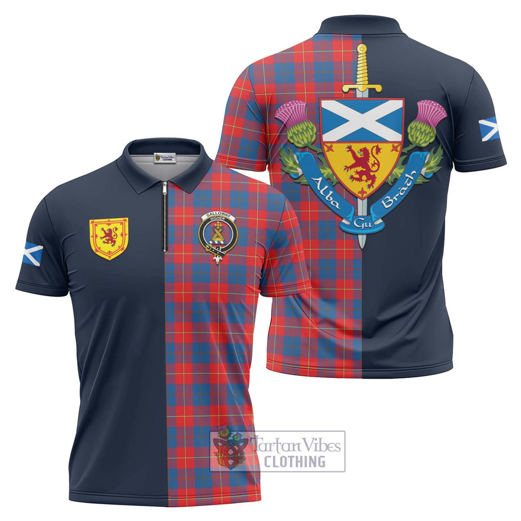 Tartan Vibes Clothing Galloway Red Tartan Zipper Polo Shirt with Scottish Lion Royal Arm Half Style