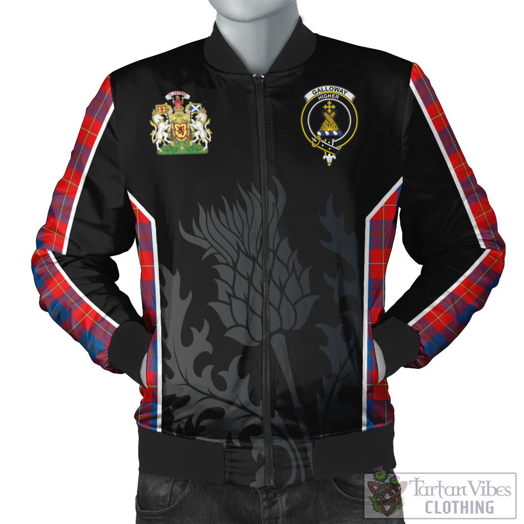 Tartan Vibes Clothing Galloway Red Tartan Bomber Jacket with Family Crest and Scottish Thistle Vibes Sport Style