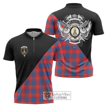 Galloway Red Tartan Zipper Polo Shirt with Family Crest and Military Logo Style