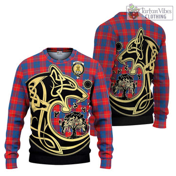 Galloway Red Tartan Ugly Sweater with Family Crest Celtic Wolf Style