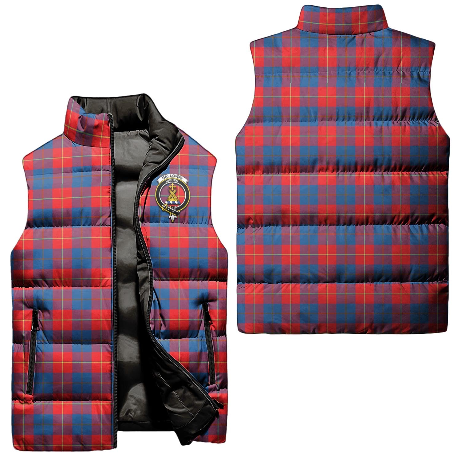 Galloway Red Tartan Sleeveless Puffer Jacket with Family Crest Unisex - Tartanvibesclothing