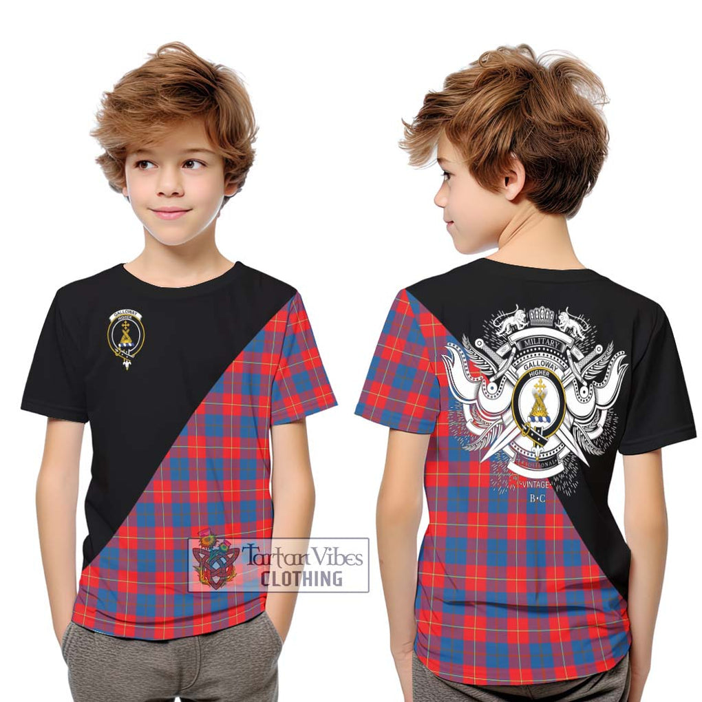 Galloway Red Tartan Kid T-Shirt with Family Crest and Military Logo Style Youth XL Size14 - Tartanvibesclothing Shop