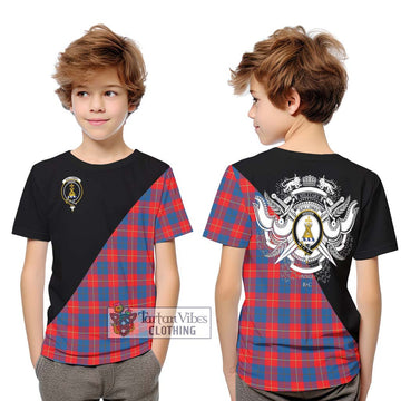 Galloway Red Tartan Kid T-Shirt with Family Crest and Military Logo Style