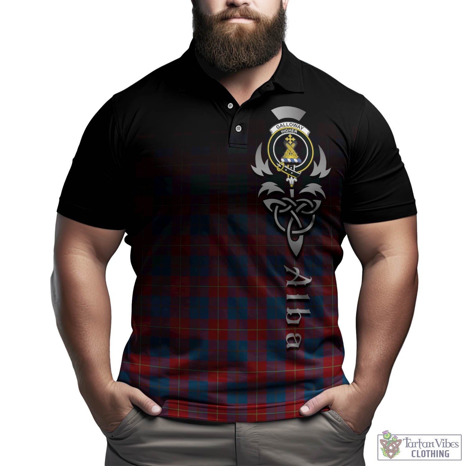 Tartan Vibes Clothing Galloway Red Tartan Polo Shirt Featuring Alba Gu Brath Family Crest Celtic Inspired