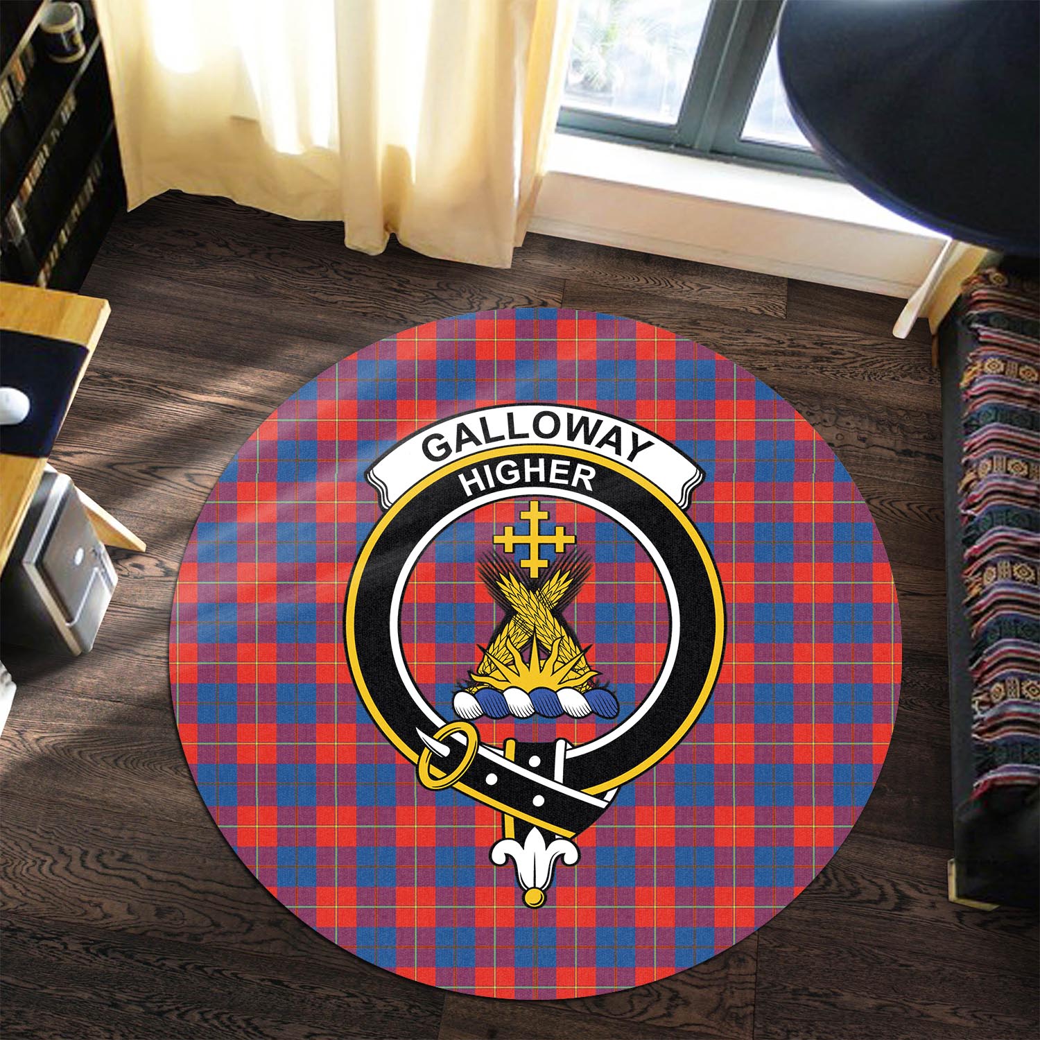 galloway-red-tartan-round-rug-with-family-crest