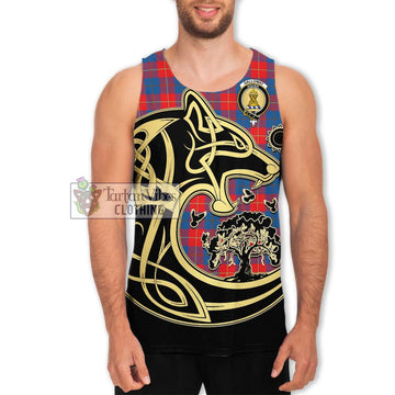 Galloway Red Tartan Men's Tank Top with Family Crest Celtic Wolf Style