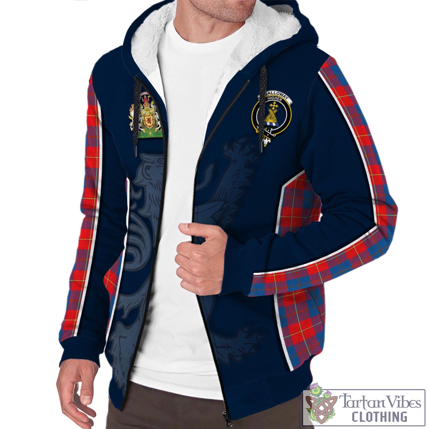 Tartan Vibes Clothing Galloway Red Tartan Sherpa Hoodie with Family Crest and Lion Rampant Vibes Sport Style