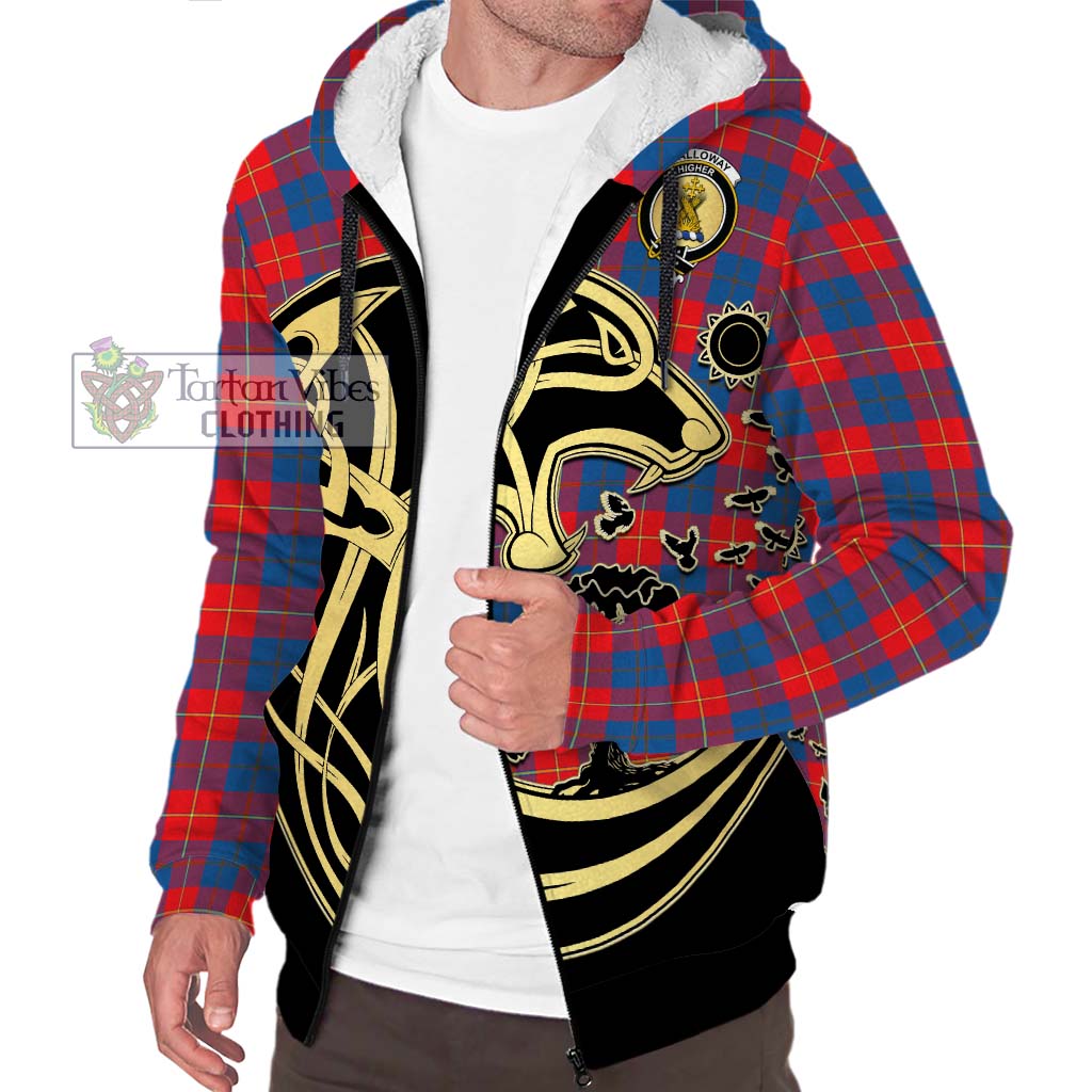 Tartan Vibes Clothing Galloway Red Tartan Sherpa Hoodie with Family Crest Celtic Wolf Style