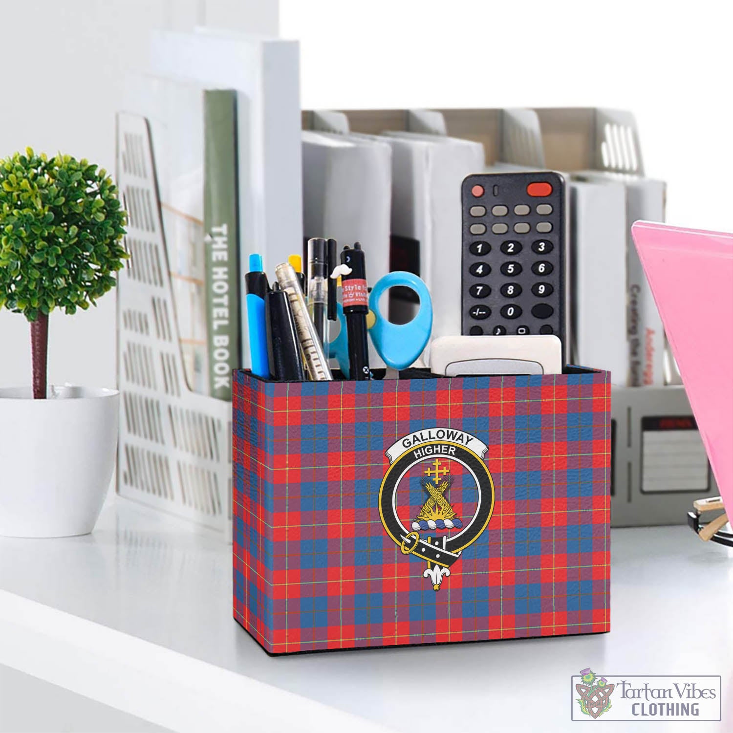 Tartan Vibes Clothing Galloway Red Tartan Pen Holder with Family Crest