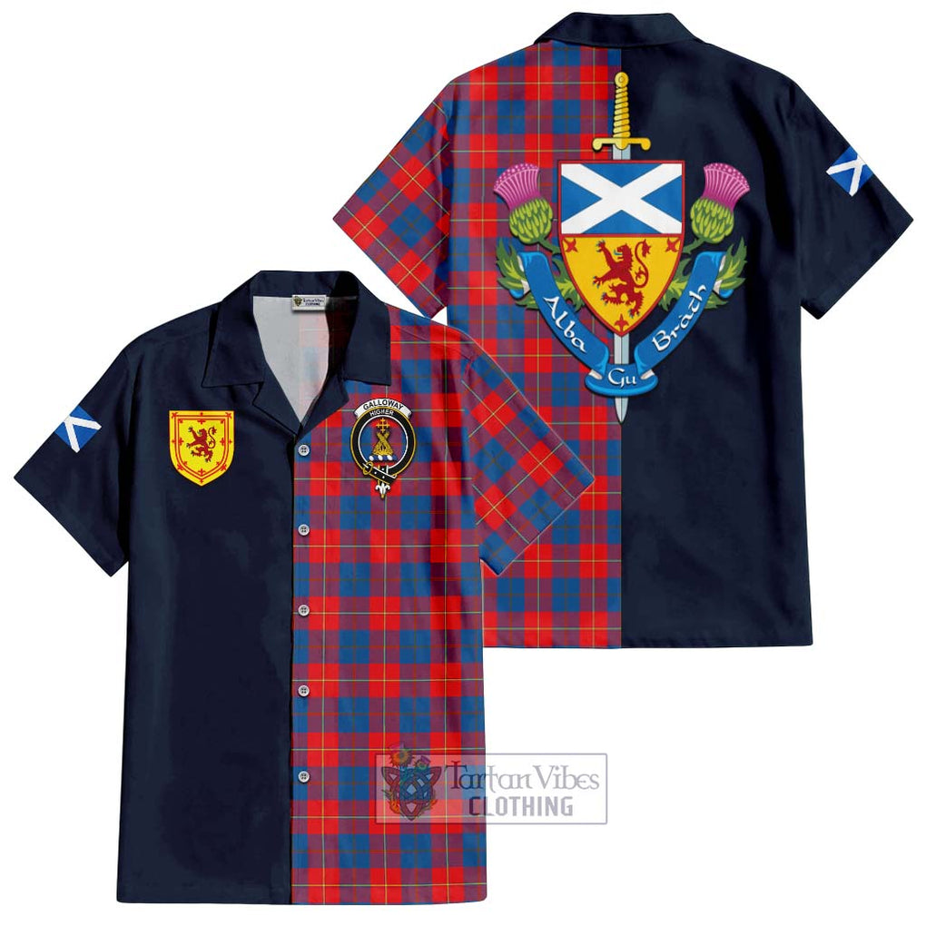 Tartan Vibes Clothing Galloway Red Tartan Short Sleeve Button Shirt with Scottish Lion Royal Arm Half Style