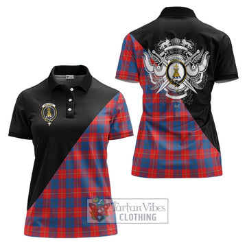 Galloway Red Tartan Women's Polo Shirt with Family Crest and Military Logo Style