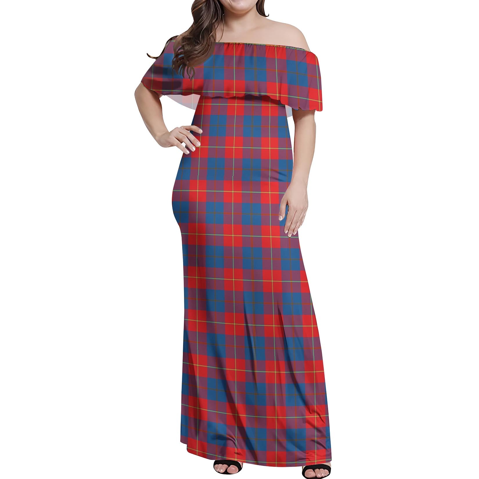 Galloway Red Tartan Off Shoulder Long Dress Women's Dress - Tartanvibesclothing