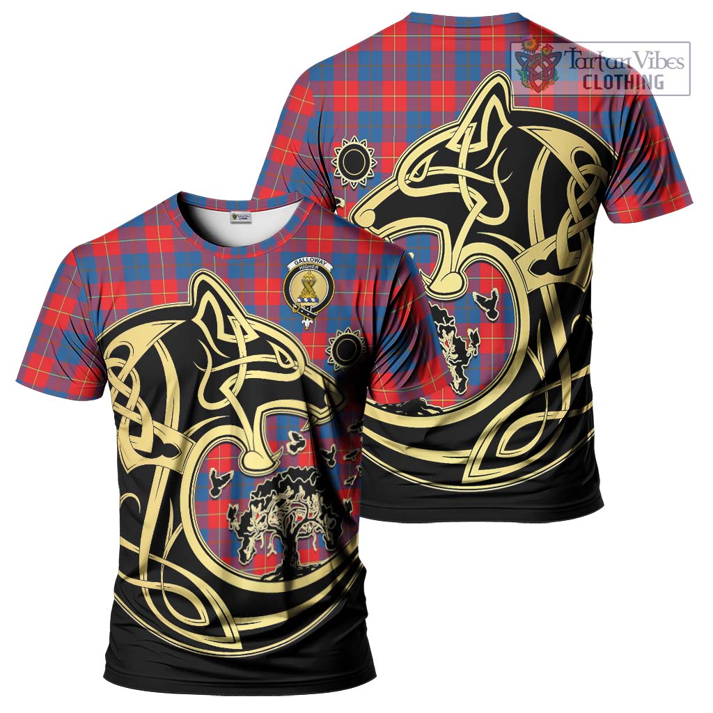 Tartan Vibes Clothing Galloway Red Tartan T-Shirt with Family Crest Celtic Wolf Style