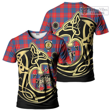 Galloway Red Tartan T-Shirt with Family Crest Celtic Wolf Style