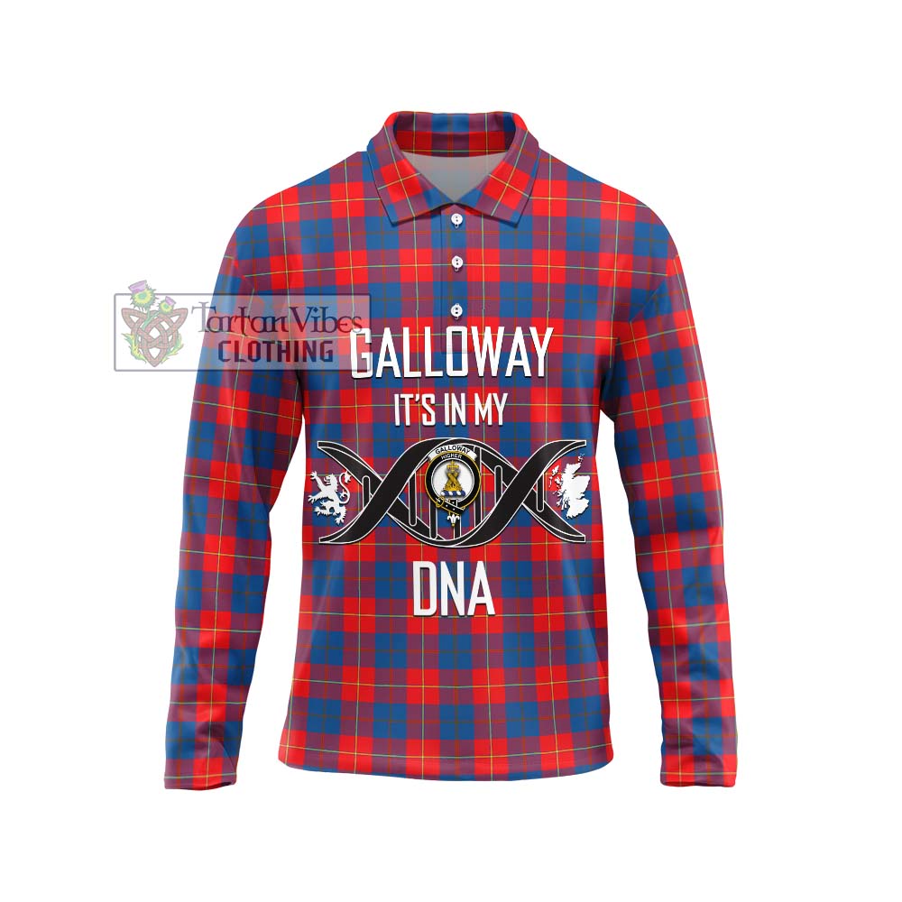 Galloway Red Tartan Long Sleeve Polo Shirt with Family Crest DNA In Me Style Unisex - Tartanvibesclothing Shop