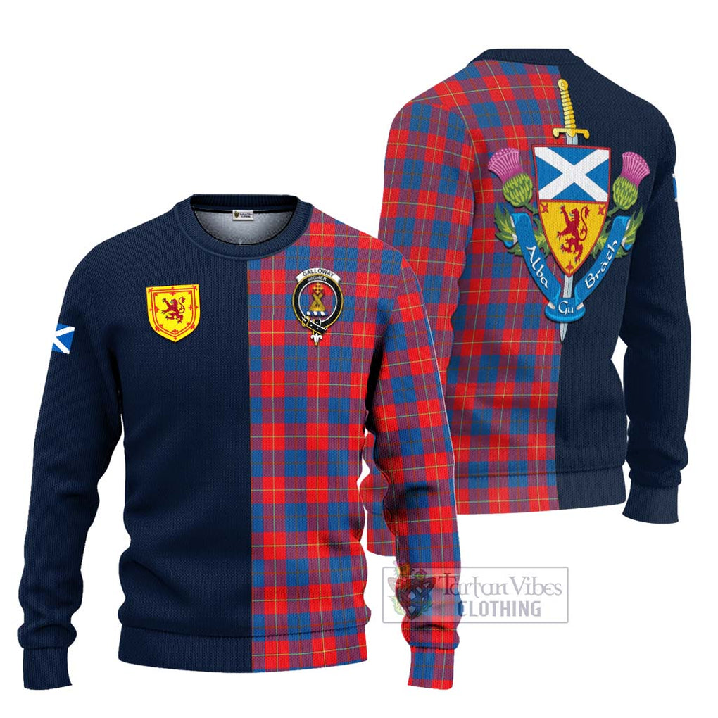 Tartan Vibes Clothing Galloway Red Tartan Knitted Sweater with Scottish Lion Royal Arm Half Style