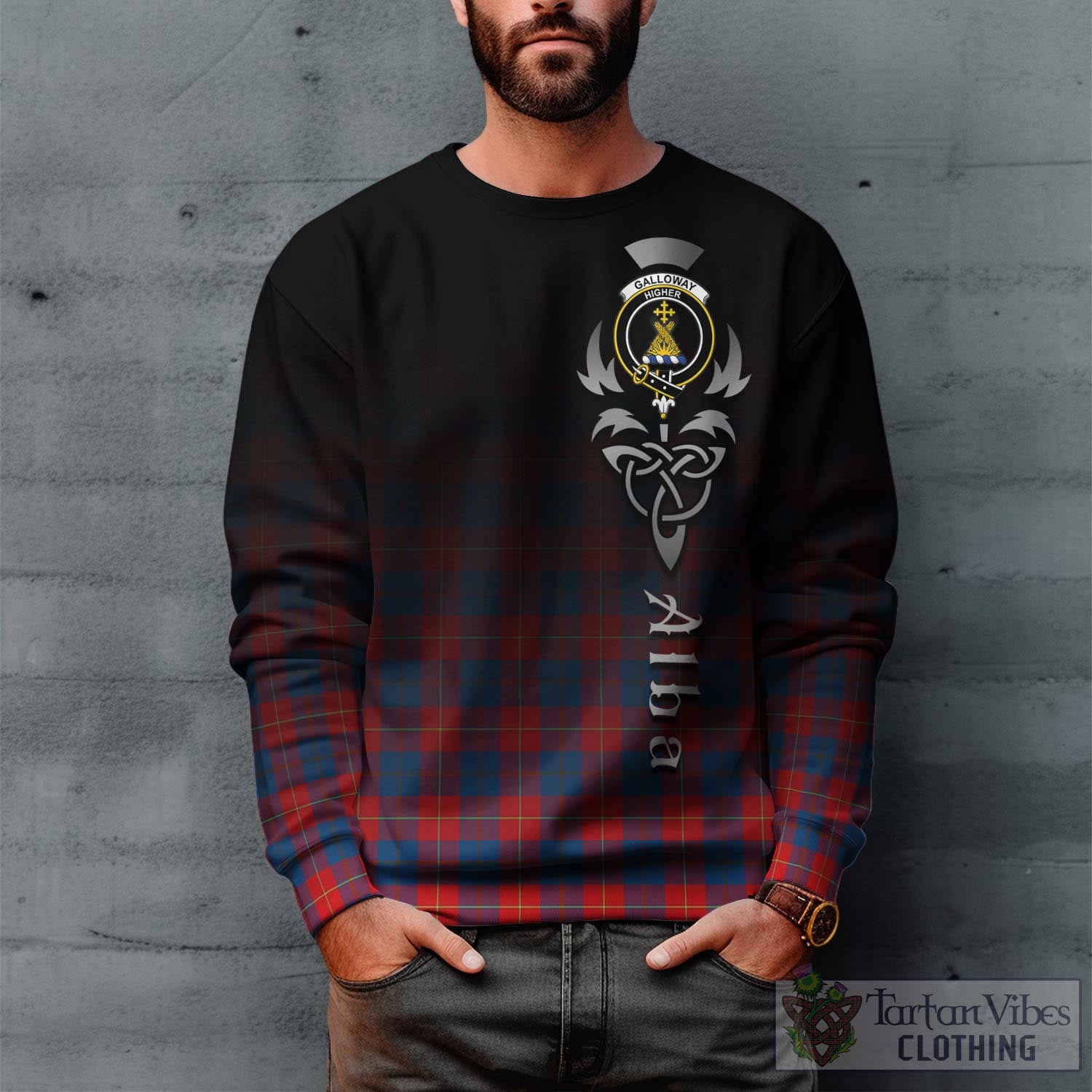 Tartan Vibes Clothing Galloway Red Tartan Sweatshirt Featuring Alba Gu Brath Family Crest Celtic Inspired