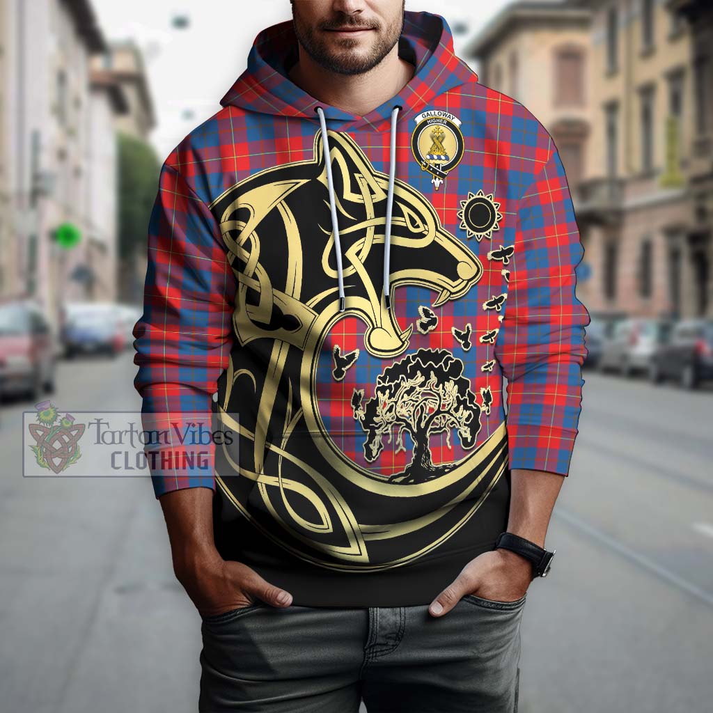 Tartan Vibes Clothing Galloway Red Tartan Hoodie with Family Crest Celtic Wolf Style