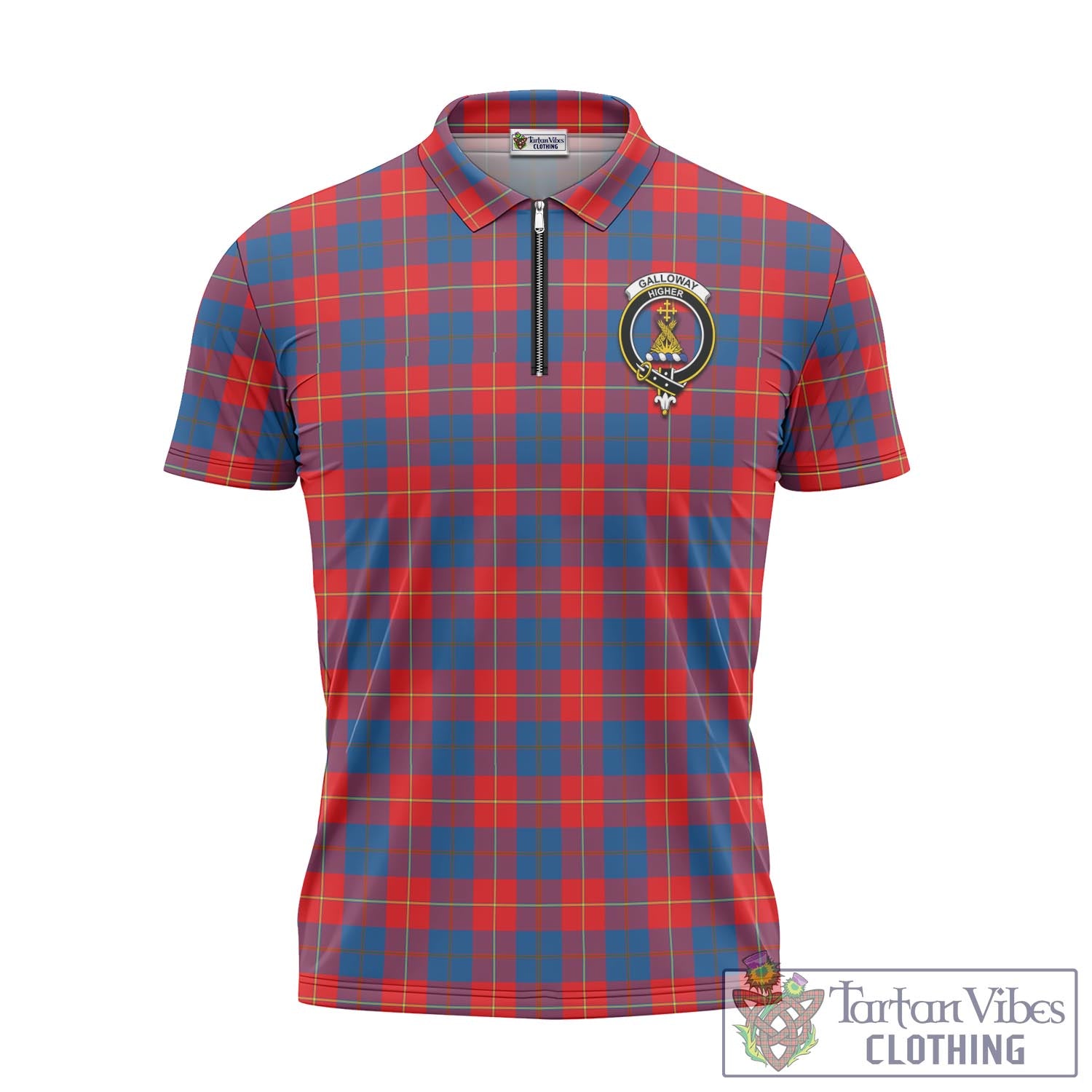 Tartan Vibes Clothing Galloway Red Tartan Zipper Polo Shirt with Family Crest