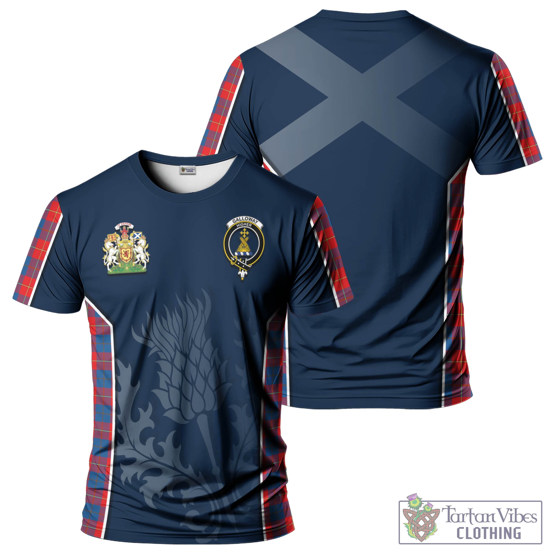 Tartan Vibes Clothing Galloway Red Tartan T-Shirt with Family Crest and Scottish Thistle Vibes Sport Style