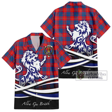 Galloway Red Tartan Short Sleeve Button Shirt with Alba Gu Brath Regal Lion Emblem