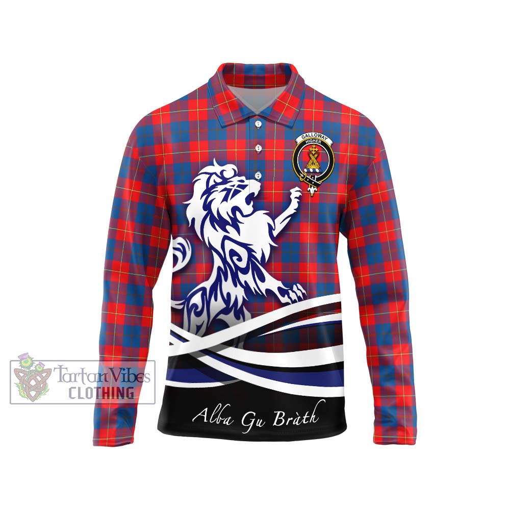 Galloway Red Tartan Long Sleeve Polo Shirt with Alba Gu Brath Regal Lion Emblem Unisex - Tartanvibesclothing Shop