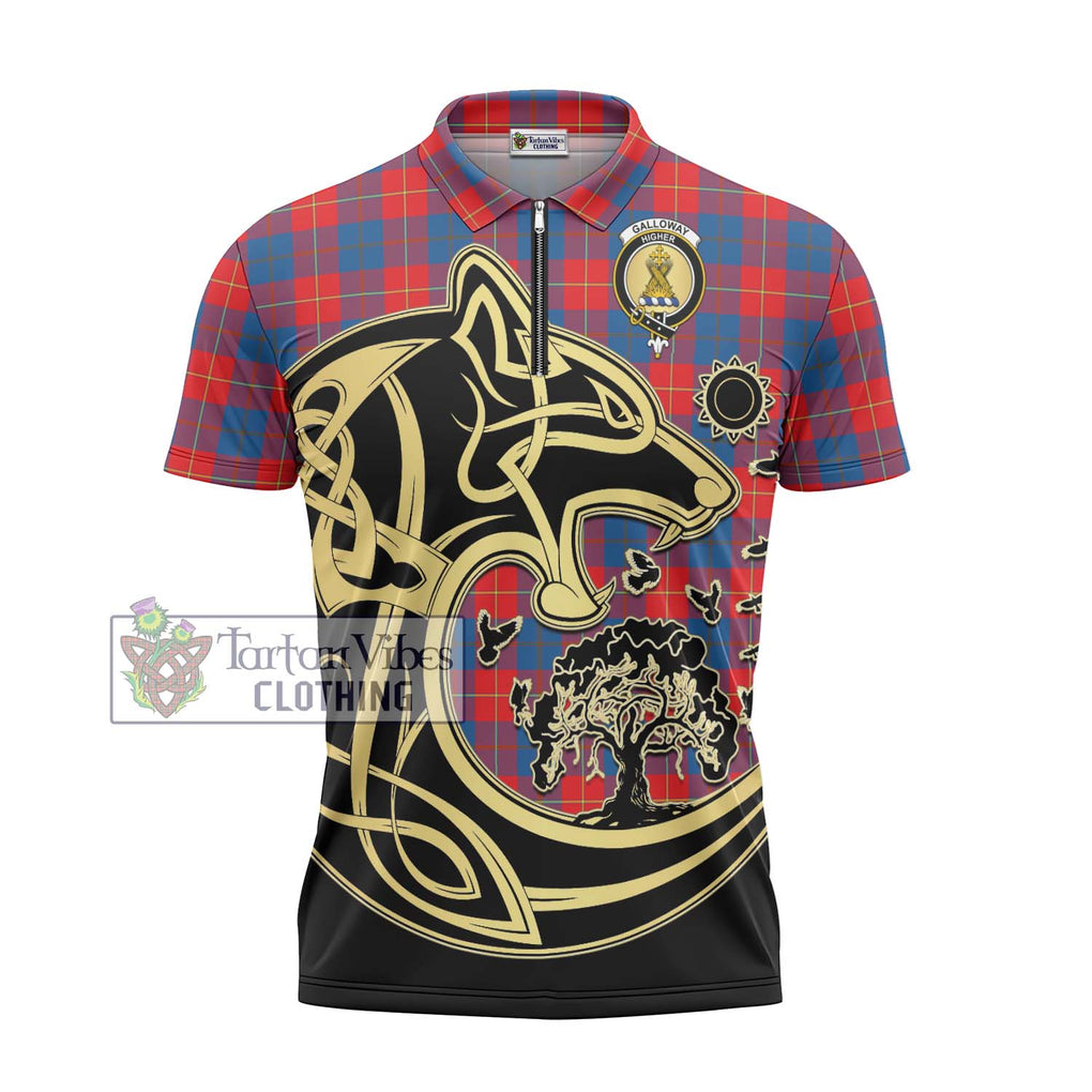 Galloway Red Tartan Zipper Polo Shirt with Family Crest Celtic Wolf Style - Tartanvibesclothing Shop