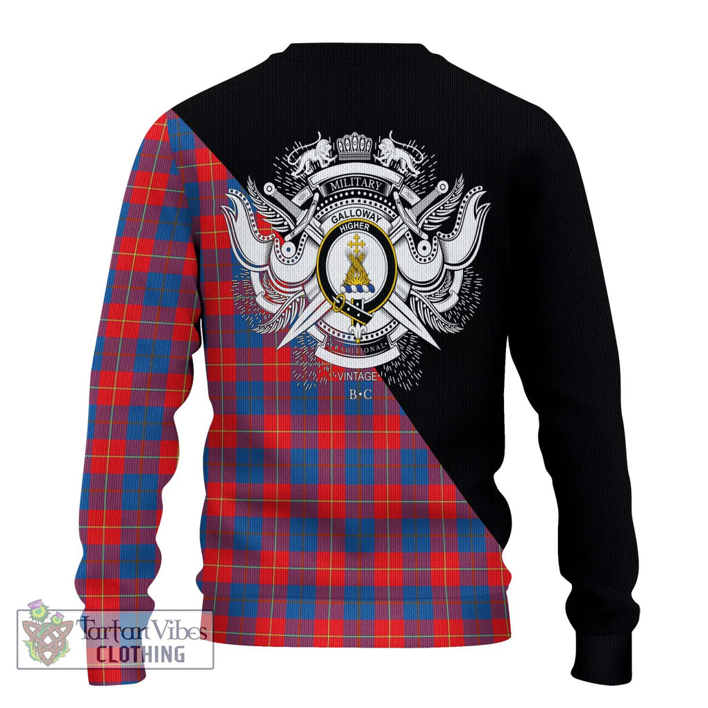 Galloway Red Tartan Knitted Sweater with Family Crest and Military Logo Style - Tartanvibesclothing Shop