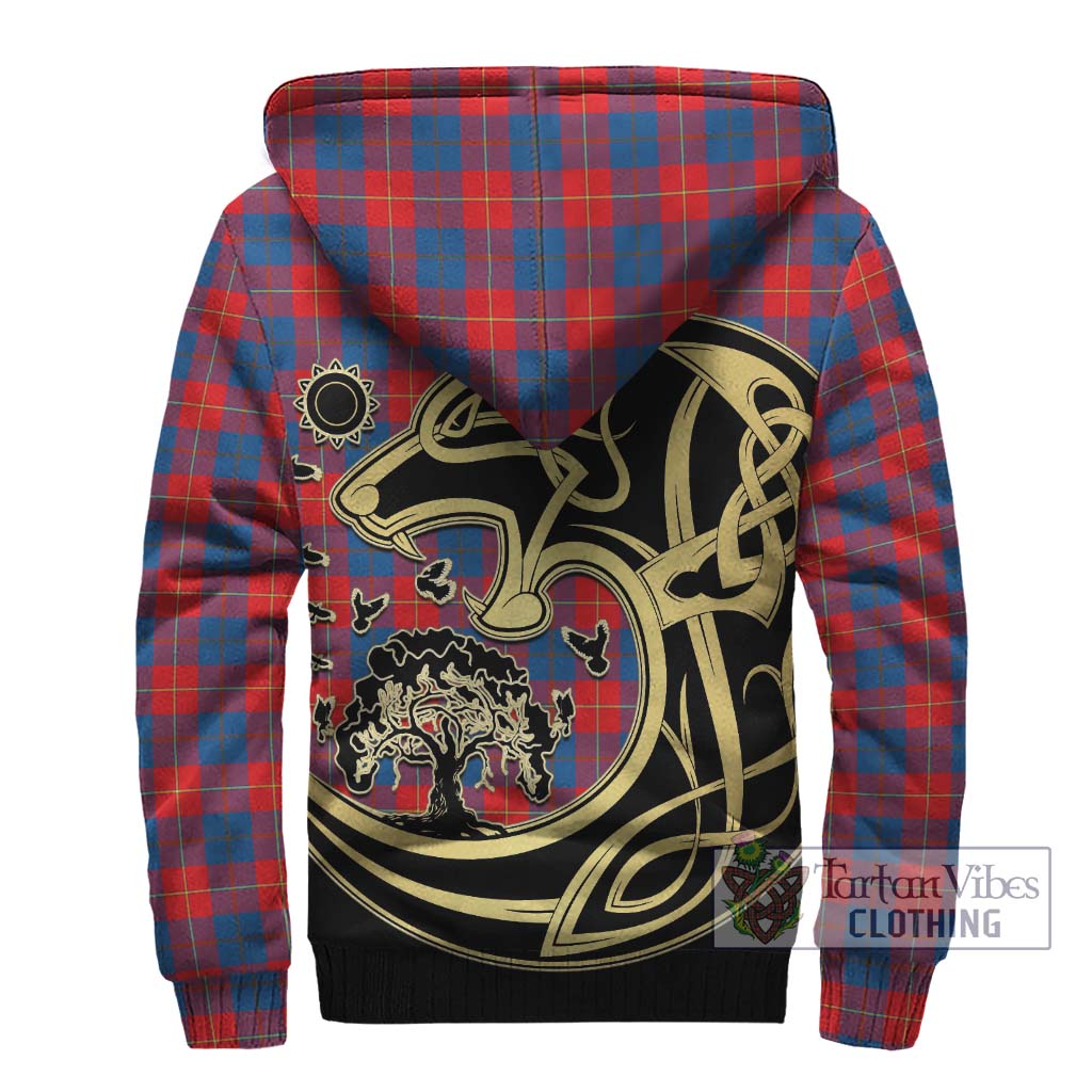 Tartan Vibes Clothing Galloway Red Tartan Sherpa Hoodie with Family Crest Celtic Wolf Style