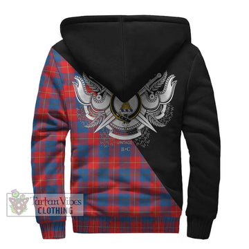 Galloway Red Tartan Sherpa Hoodie with Family Crest and Military Logo Style