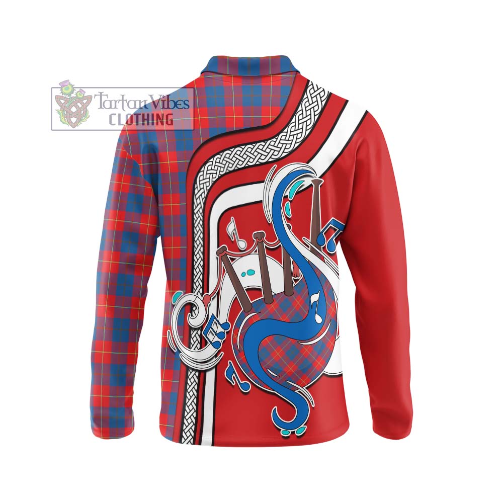 Tartan Vibes Clothing Galloway Red Tartan Long Sleeve Polo Shirt with Epic Bagpipe Style