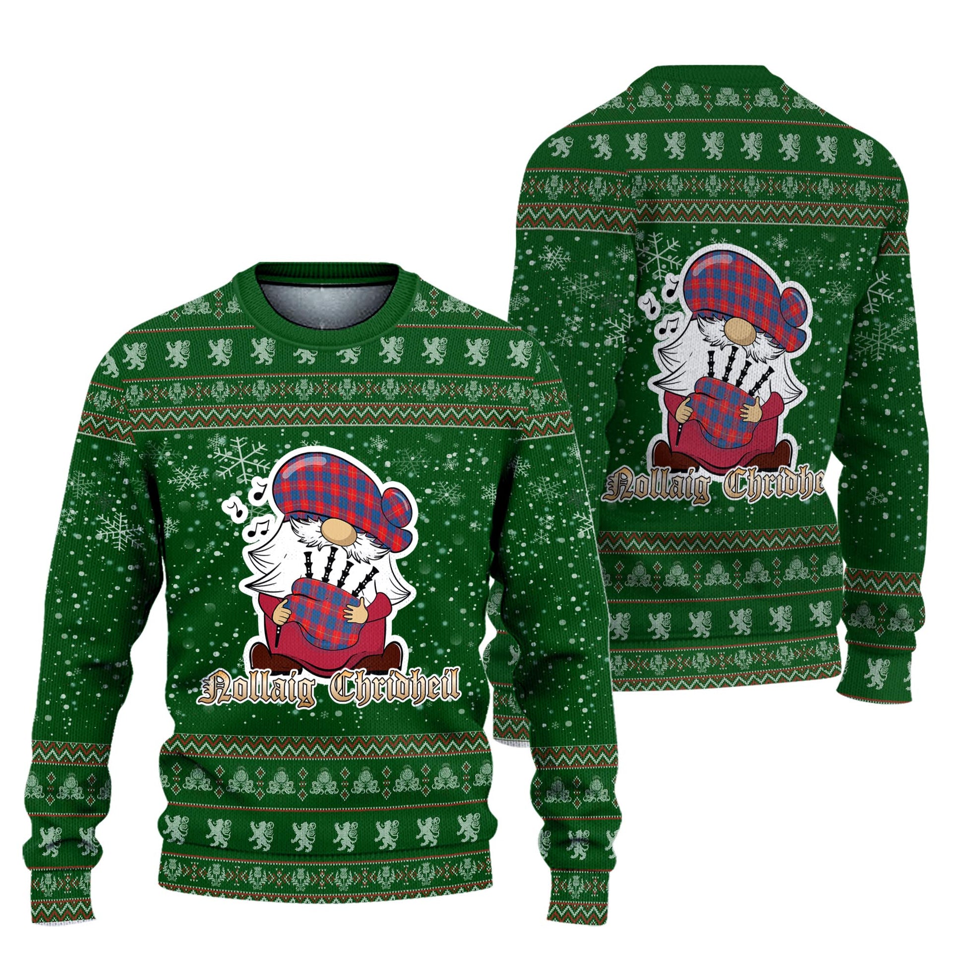 Galloway Red Clan Christmas Family Knitted Sweater with Funny Gnome Playing Bagpipes Unisex Green - Tartanvibesclothing