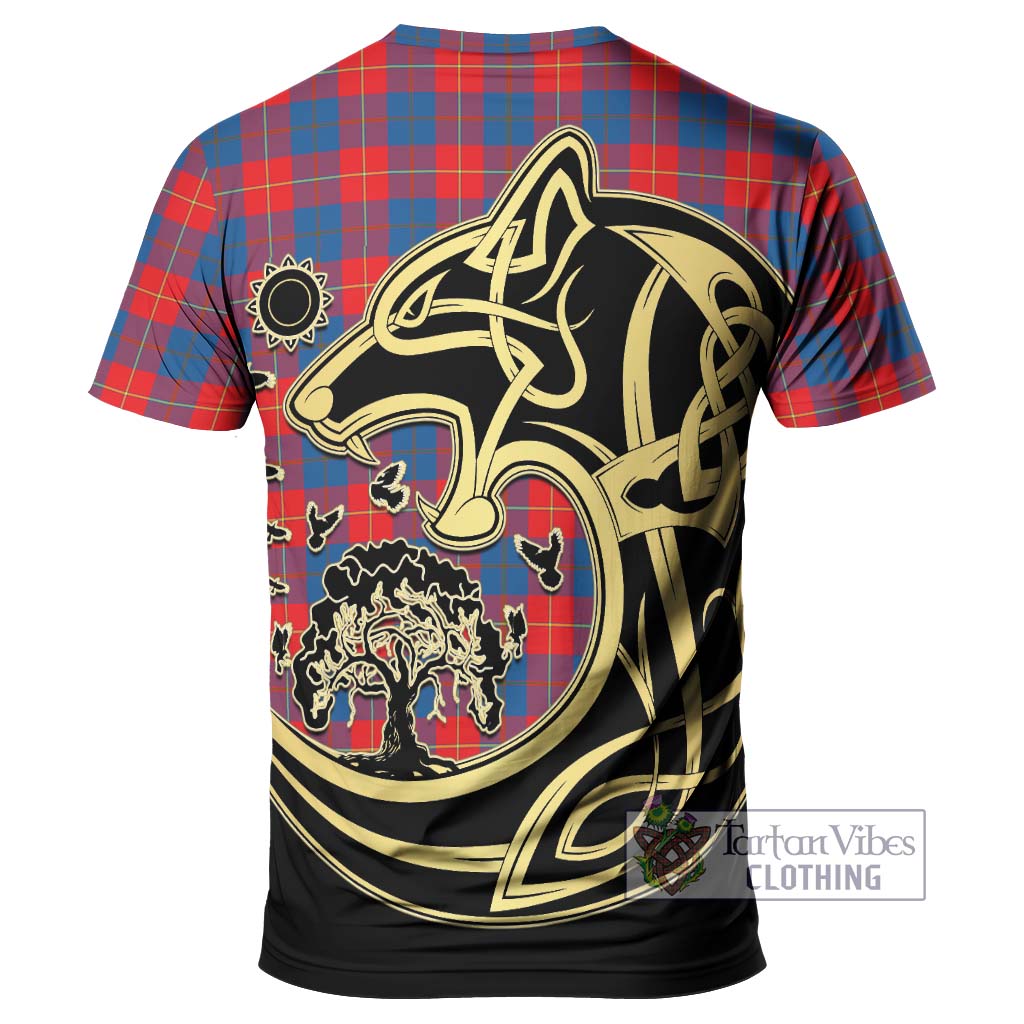Tartan Vibes Clothing Galloway Red Tartan T-Shirt with Family Crest Celtic Wolf Style