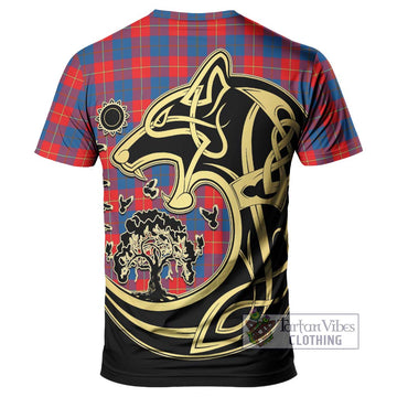 Galloway Red Tartan T-Shirt with Family Crest Celtic Wolf Style
