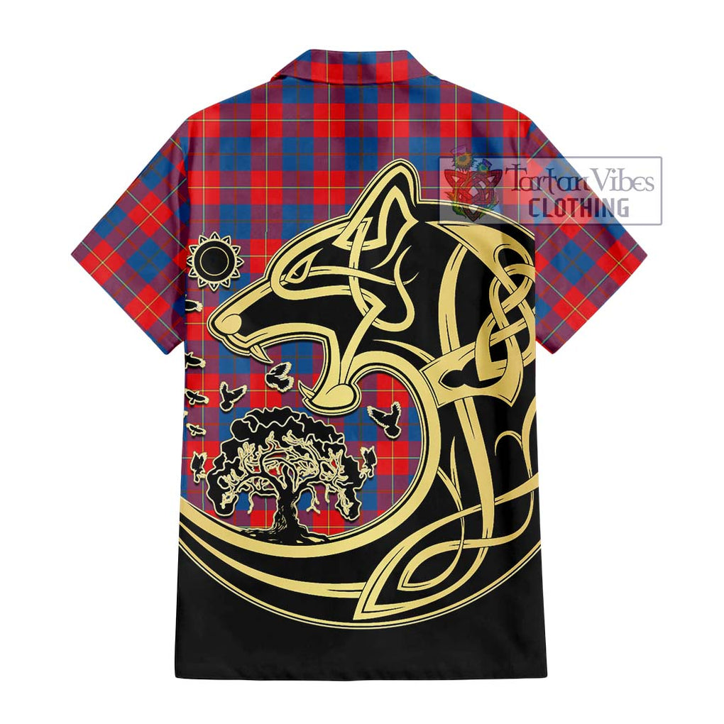 Galloway Red Tartan Short Sleeve Button Shirt with Family Crest Celtic Wolf Style - Tartan Vibes Clothing