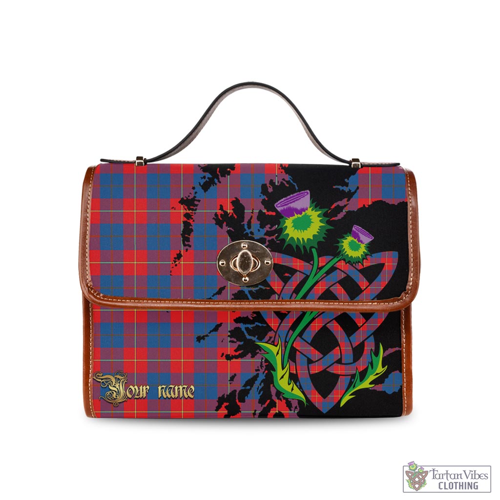 Tartan Vibes Clothing Galloway Red Tartan Waterproof Canvas Bag with Scotland Map and Thistle Celtic Accents