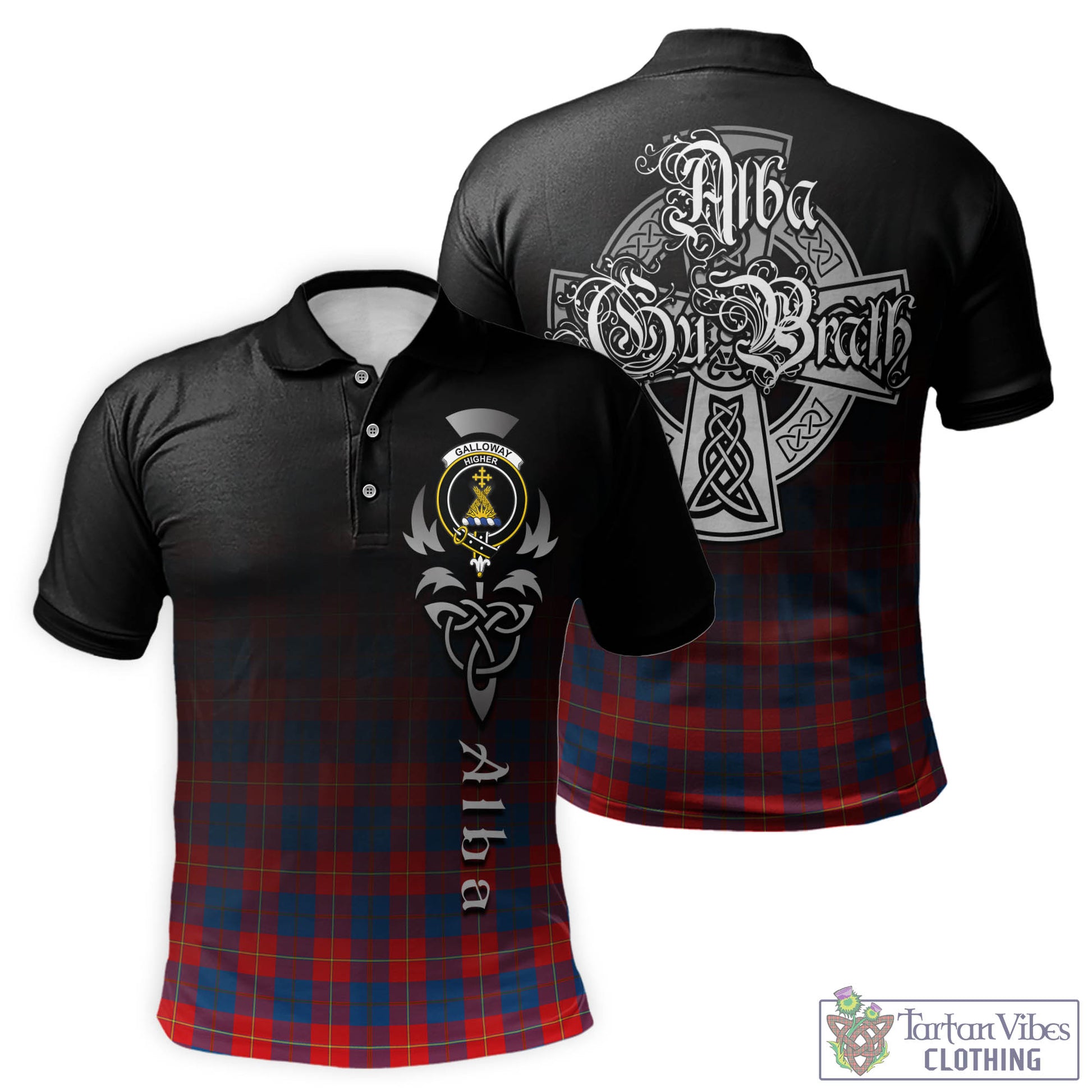 Tartan Vibes Clothing Galloway Red Tartan Polo Shirt Featuring Alba Gu Brath Family Crest Celtic Inspired