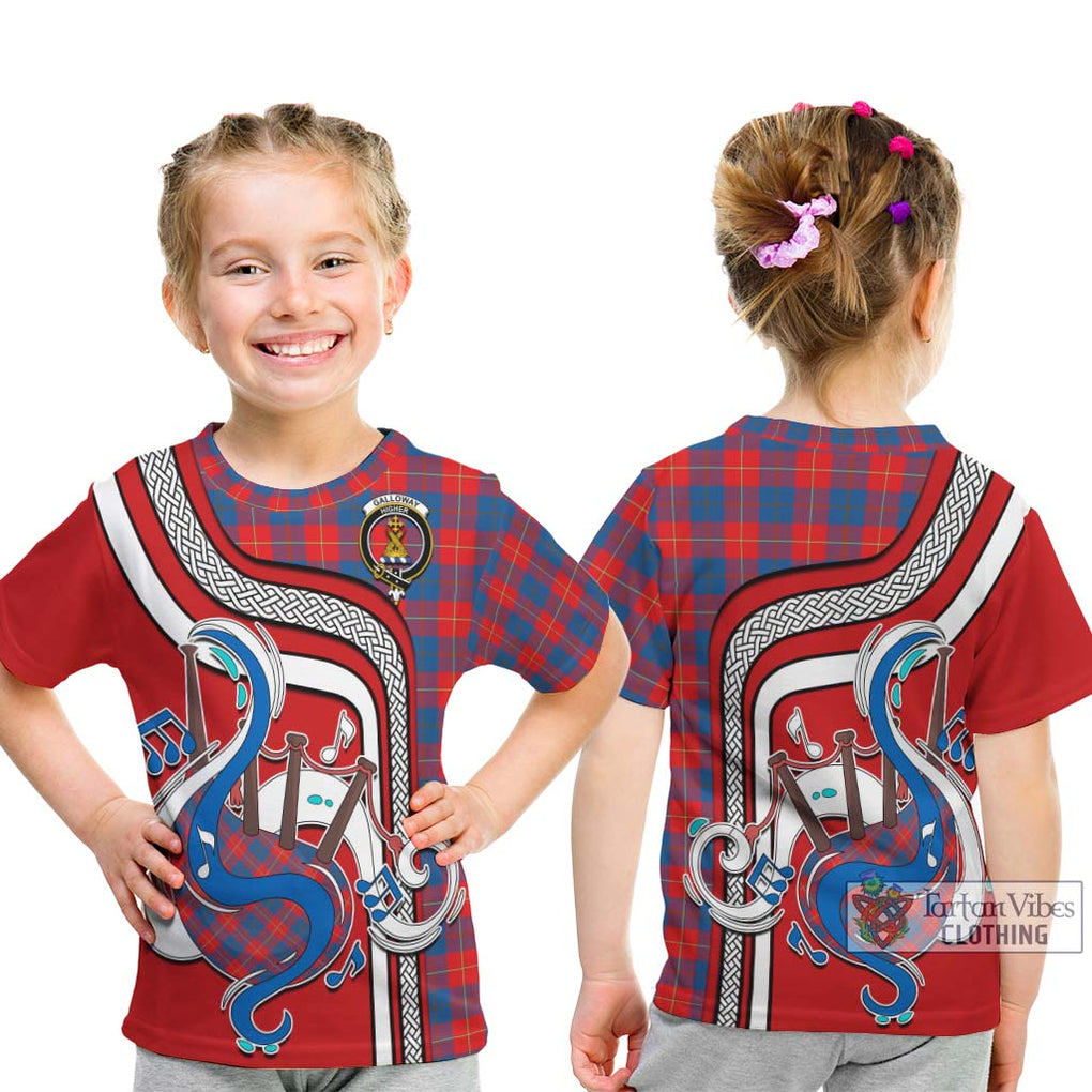 Tartan Vibes Clothing Galloway Red Tartan Kid T-Shirt with Epic Bagpipe Style